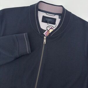 NEW Ted Baker London Knit Bomber Jacket Men Size 7 Navy Full Zip Outerwear XL